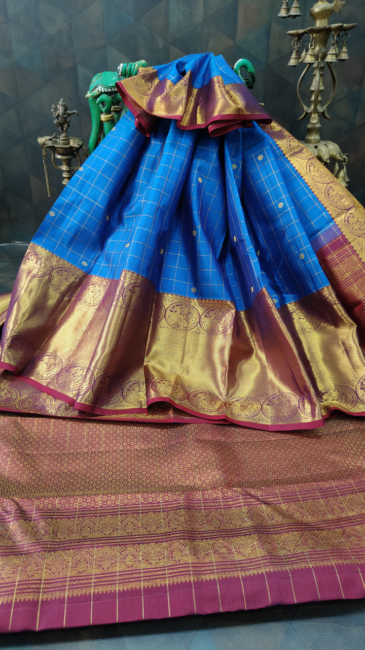 Blue Zari Checks on Kanjivaram Silk Saree with Zari Buttis and Contrast Wide Zari Border | SILK MARK CERTIFIED