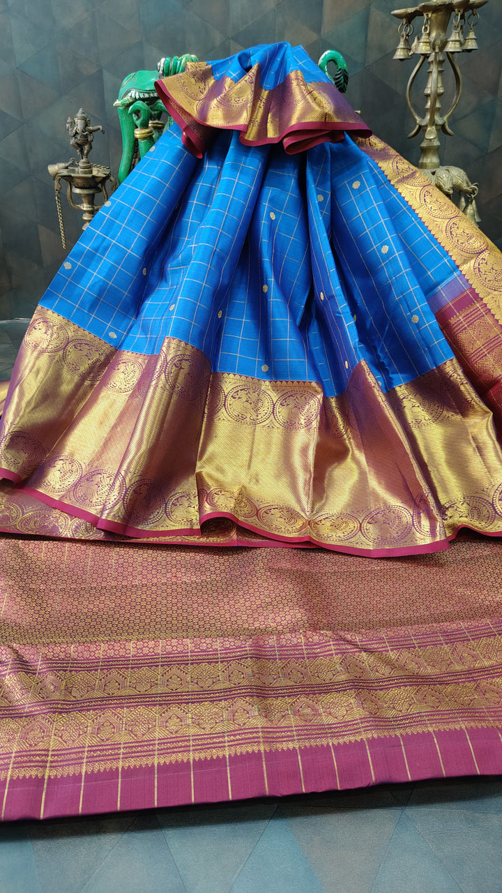 Blue Zari Checks on Kanjivaram Silk Saree with Zari Buttis and Contrast Wide Zari Border | SILK MARK CERTIFIED