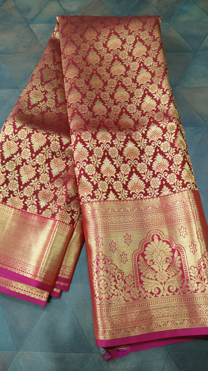 Maroon Kanjivaram Silk saree with Meenakari Floral Jaal Brocade And Contract Zari border | SILK MARK CERTIFIED