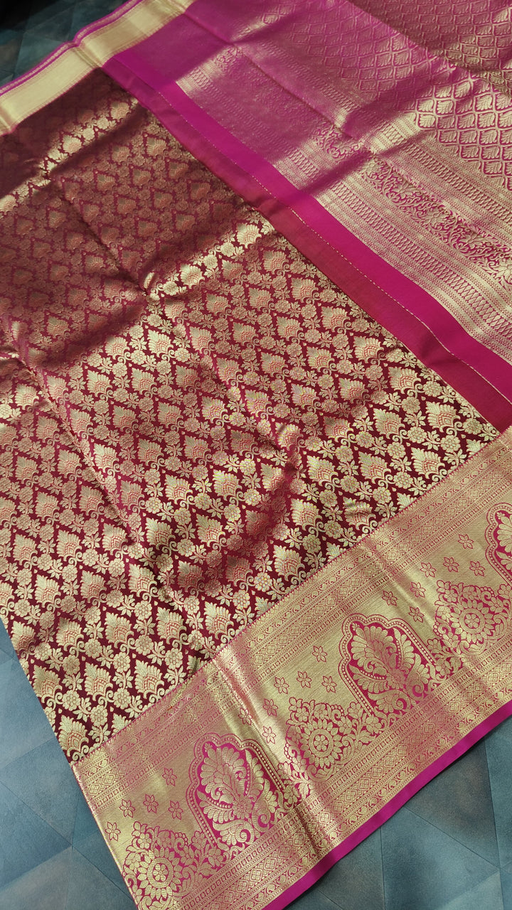 Maroon Kanjivaram Silk saree with Meenakari Floral Jaal Brocade And Contract Zari border | SILK MARK CERTIFIED
