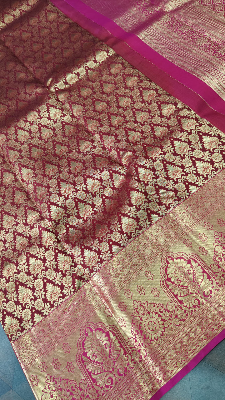 Maroon Kanjivaram Silk saree with Meenakari Floral Jaal Brocade And Contract Zari border | SILK MARK CERTIFIED