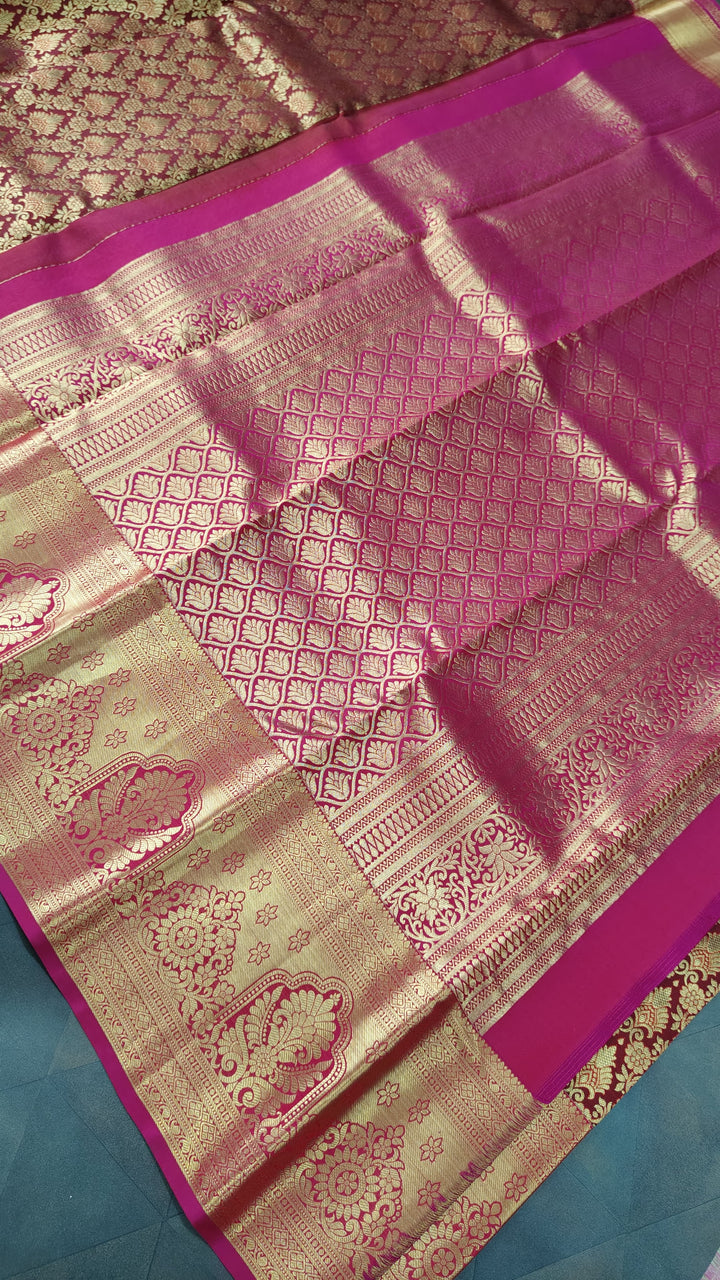 Maroon Kanjivaram Silk saree with Meenakari Floral Jaal Brocade And Contract Zari border | SILK MARK CERTIFIED