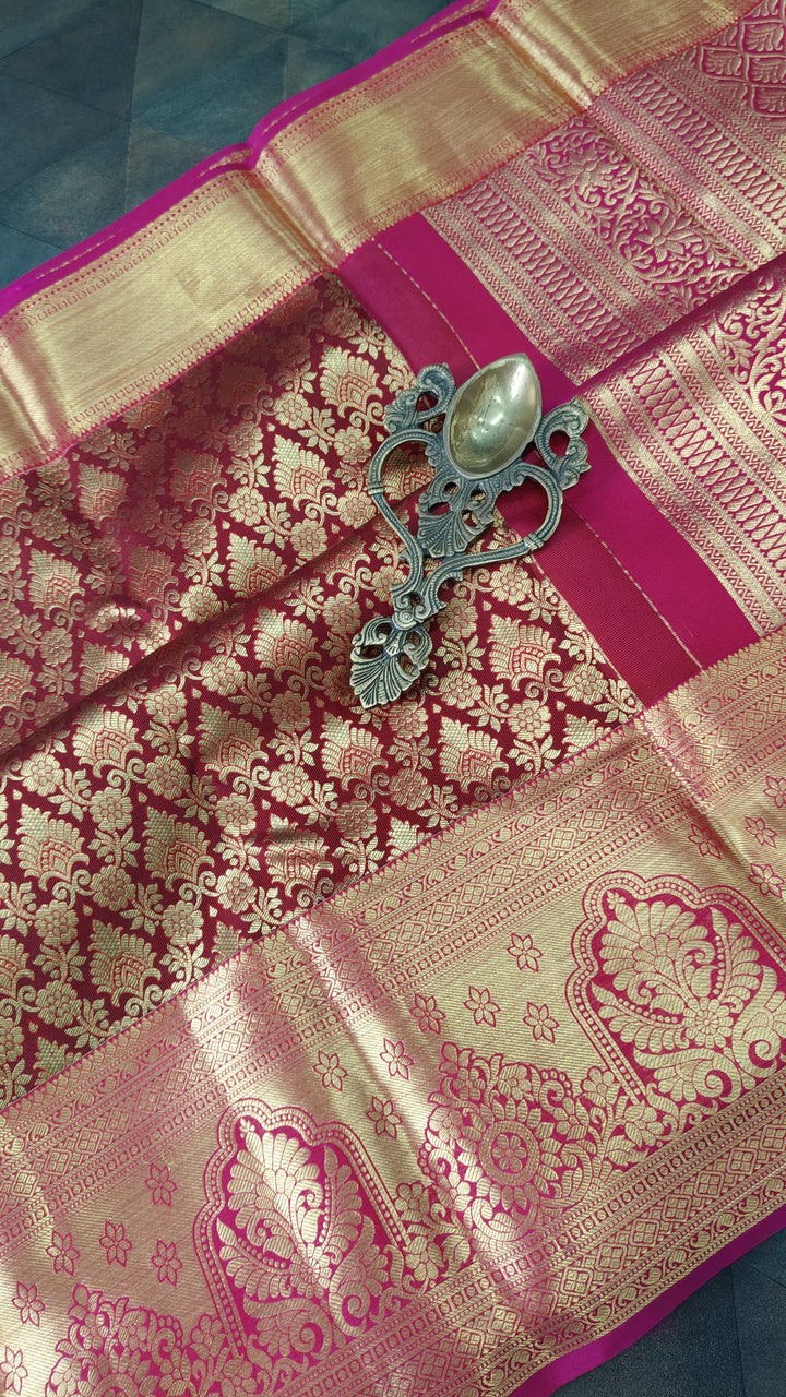 Maroon Kanjivaram Silk saree with Meenakari Floral Jaal Brocade And Contract Zari border | SILK MARK CERTIFIED