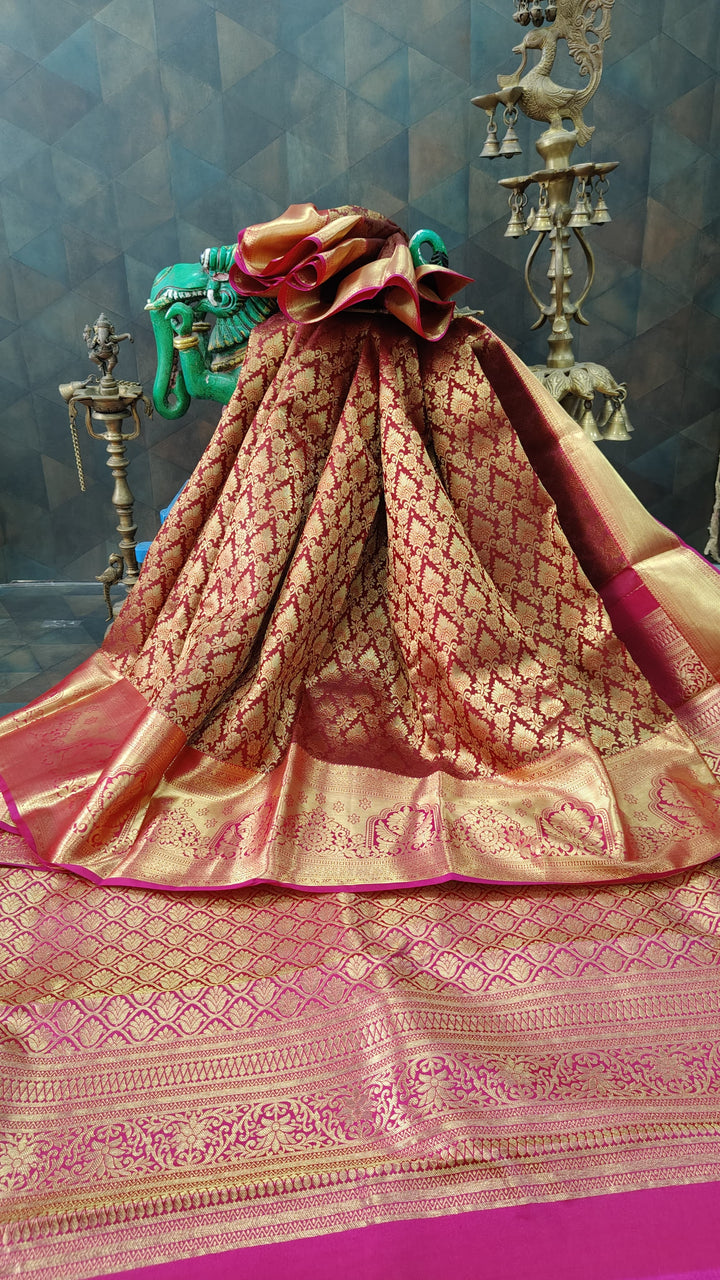 Maroon Kanjivaram Silk saree with Meenakari Floral Jaal Brocade And Contract Zari border | SILK MARK CERTIFIED