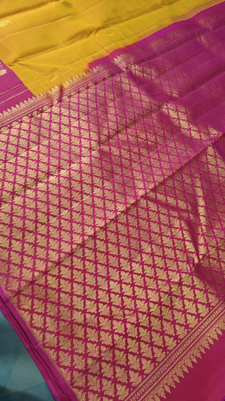 Mustard Dual tone Kanjivaram Silk Saree with Paisley Buttas and Contrast Wide Zari Border | SILK MARK CERTIFIED