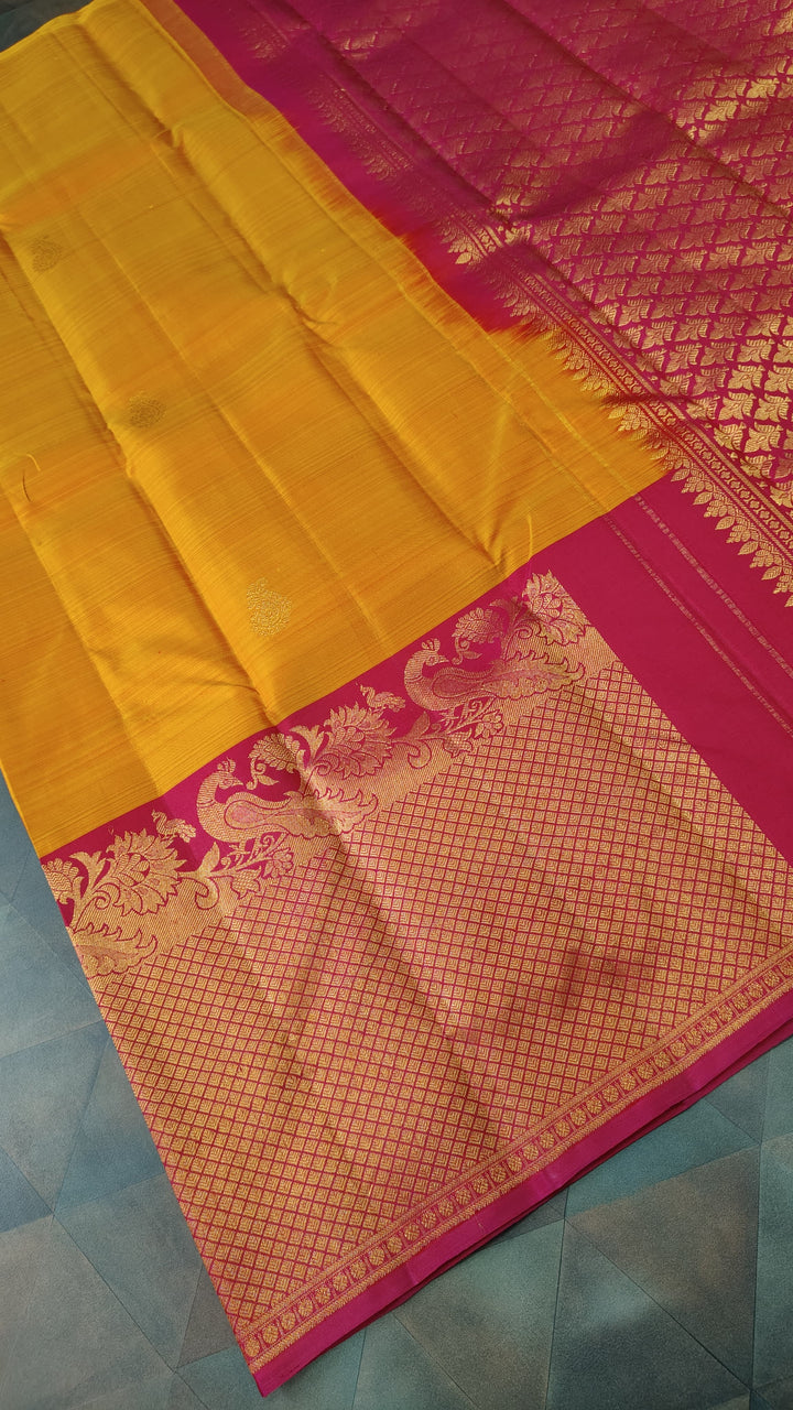 Mustard Dual tone Kanjivaram Silk Saree with Paisley Buttas and Contrast Wide Zari Border | SILK MARK CERTIFIED