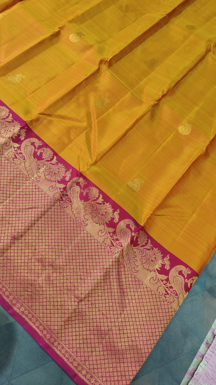 Mustard Dual tone Kanjivaram Silk Saree with Paisley Buttas and Contrast Wide Zari Border | SILK MARK CERTIFIED