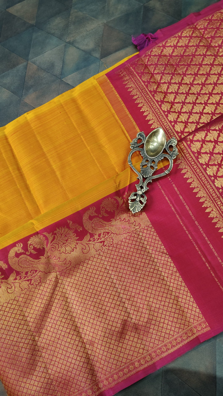 Mustard Dual tone Kanjivaram Silk Saree with Paisley Buttas and Contrast Wide Zari Border | SILK MARK CERTIFIED