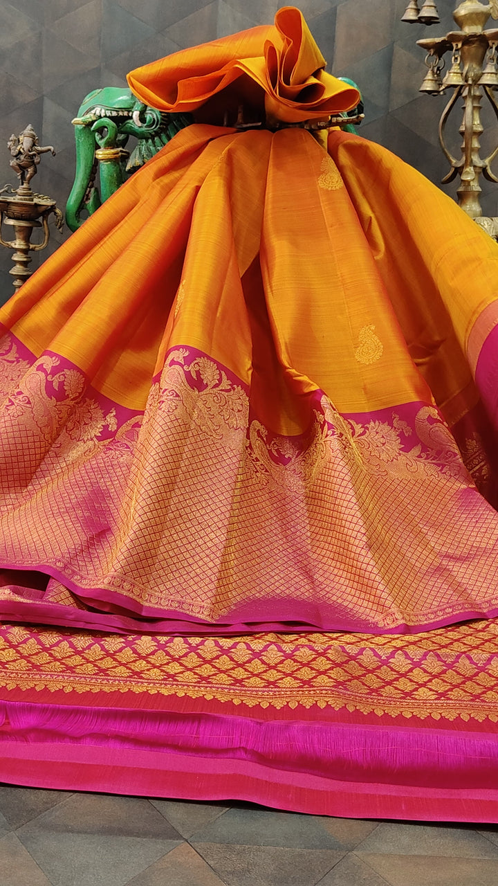 Mustard Dual tone Kanjivaram Silk Saree with Paisley Buttas and Contrast Wide Zari Border | SILK MARK CERTIFIED