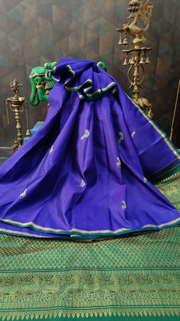 Purple Kanjivaram Silk Saree with Meenakari Peacock And Deer Zari Motifs And minimal Zari border | SILK MARK CERTIFIED