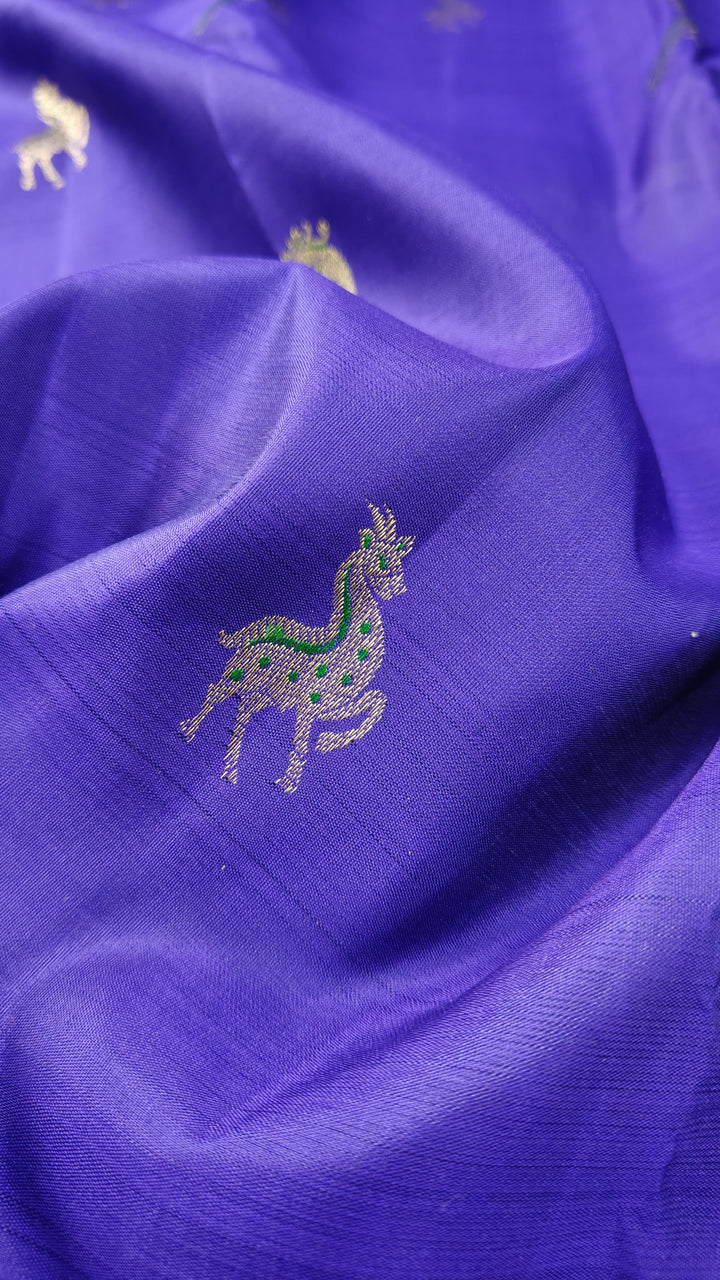 Purple Kanjivaram Silk Saree with Meenakari Peacock And Deer Zari Motifs And minimal Zari border | SILK MARK CERTIFIED