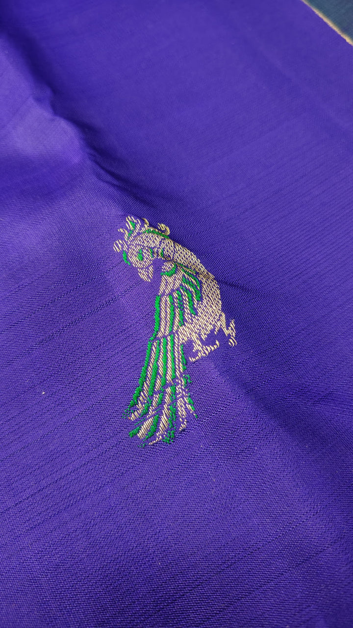 Purple Kanjivaram Silk Saree with Meenakari Peacock And Deer Zari Motifs And minimal Zari border | SILK MARK CERTIFIED