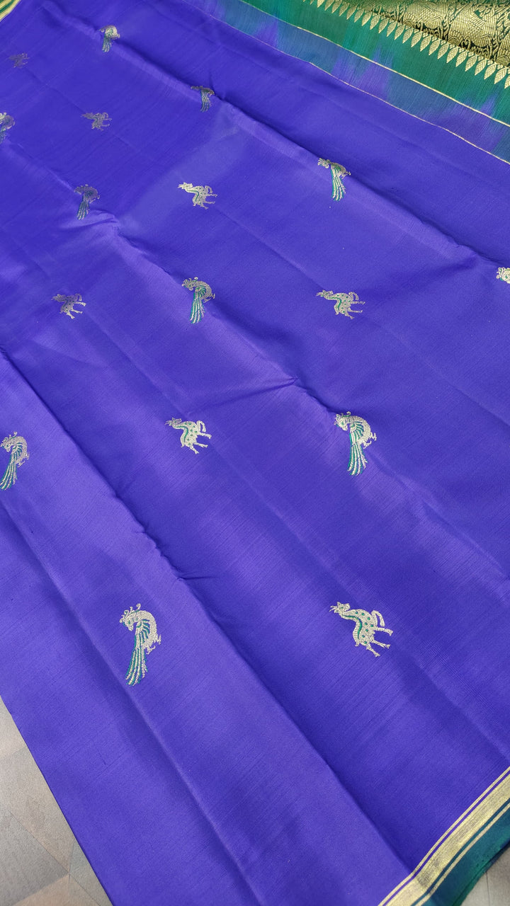 Purple Kanjivaram Silk Saree with Meenakari Peacock And Deer Zari Motifs And minimal Zari border | SILK MARK CERTIFIED