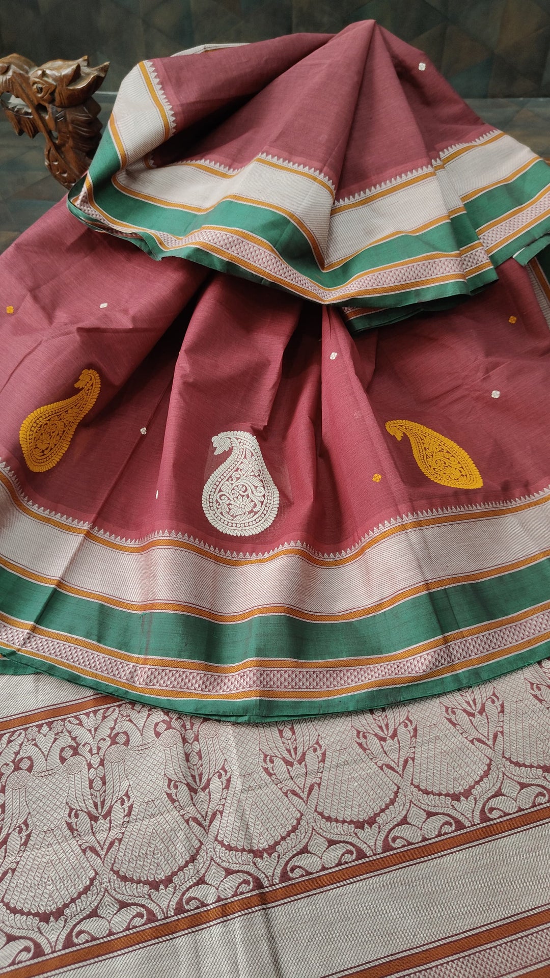 Maroon Handloom Kanchi Cotton Saree with Resham Chunri Buttis and Meenakrai Paisley Motifs