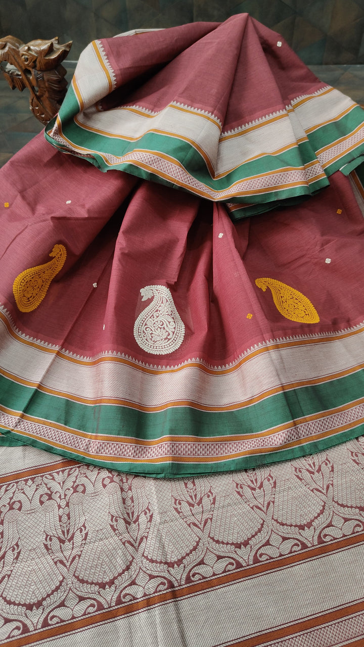 Maroon Handloom Kanchi Cotton Saree with Resham Chunri Buttis and Meenakrai Paisley Motifs