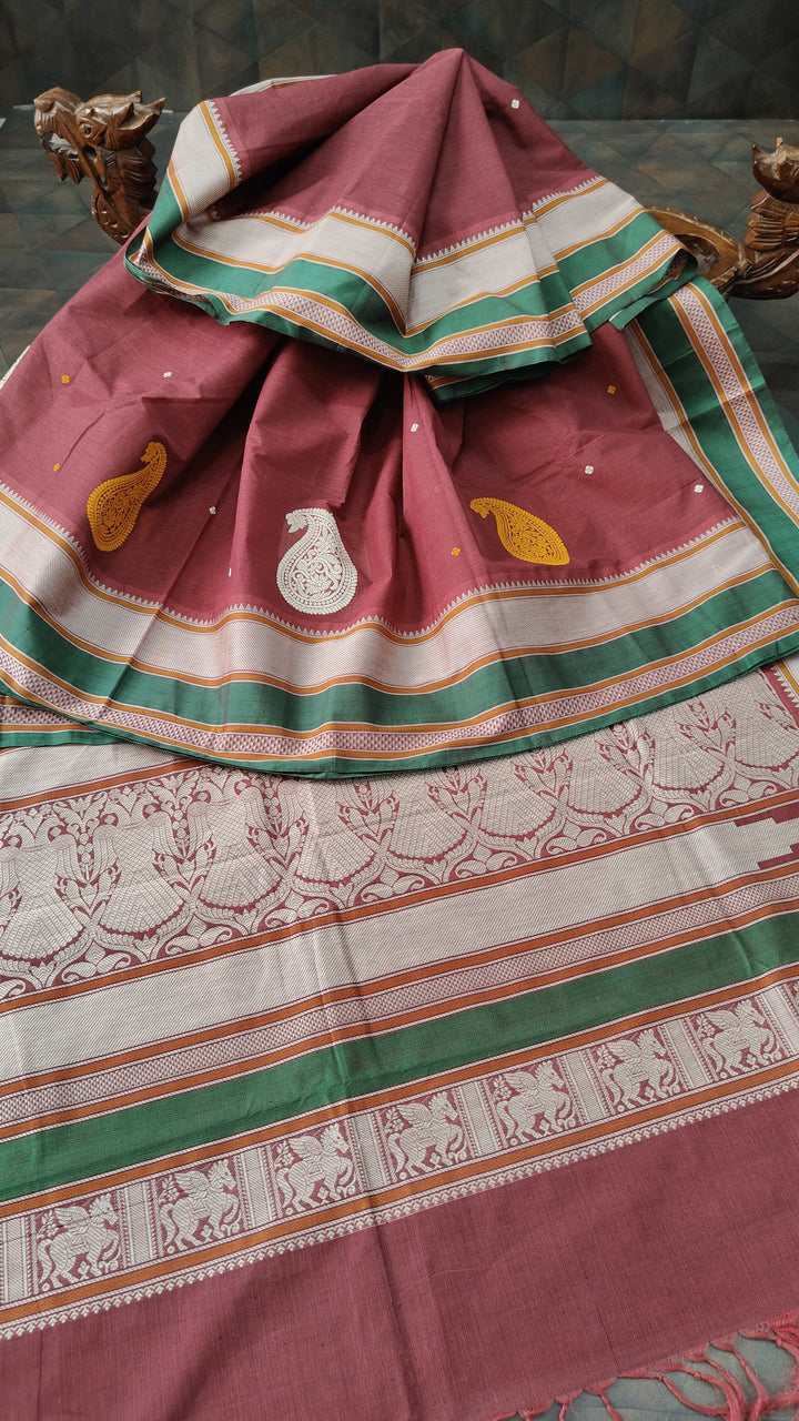 Maroon Handloom Kanchi Cotton Saree with Resham Chunri Buttis and Meenakrai Paisley Motifs