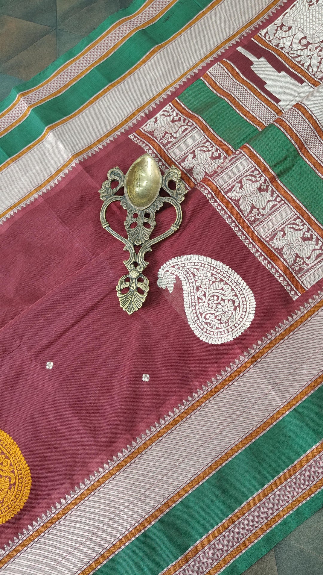 Maroon Handloom Kanchi Cotton Saree with Resham Chunri Buttis and Meenakrai Paisley Motifs