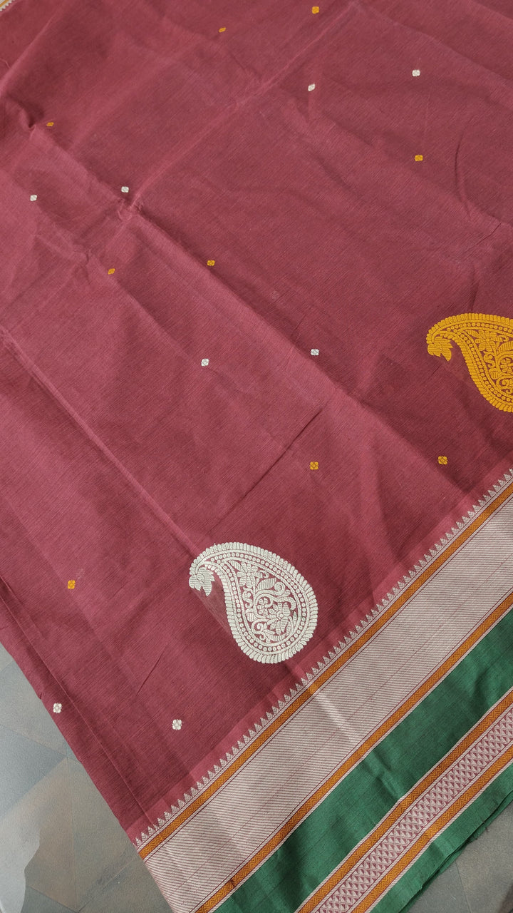 Maroon Handloom Kanchi Cotton Saree with Resham Chunri Buttis and Meenakrai Paisley Motifs