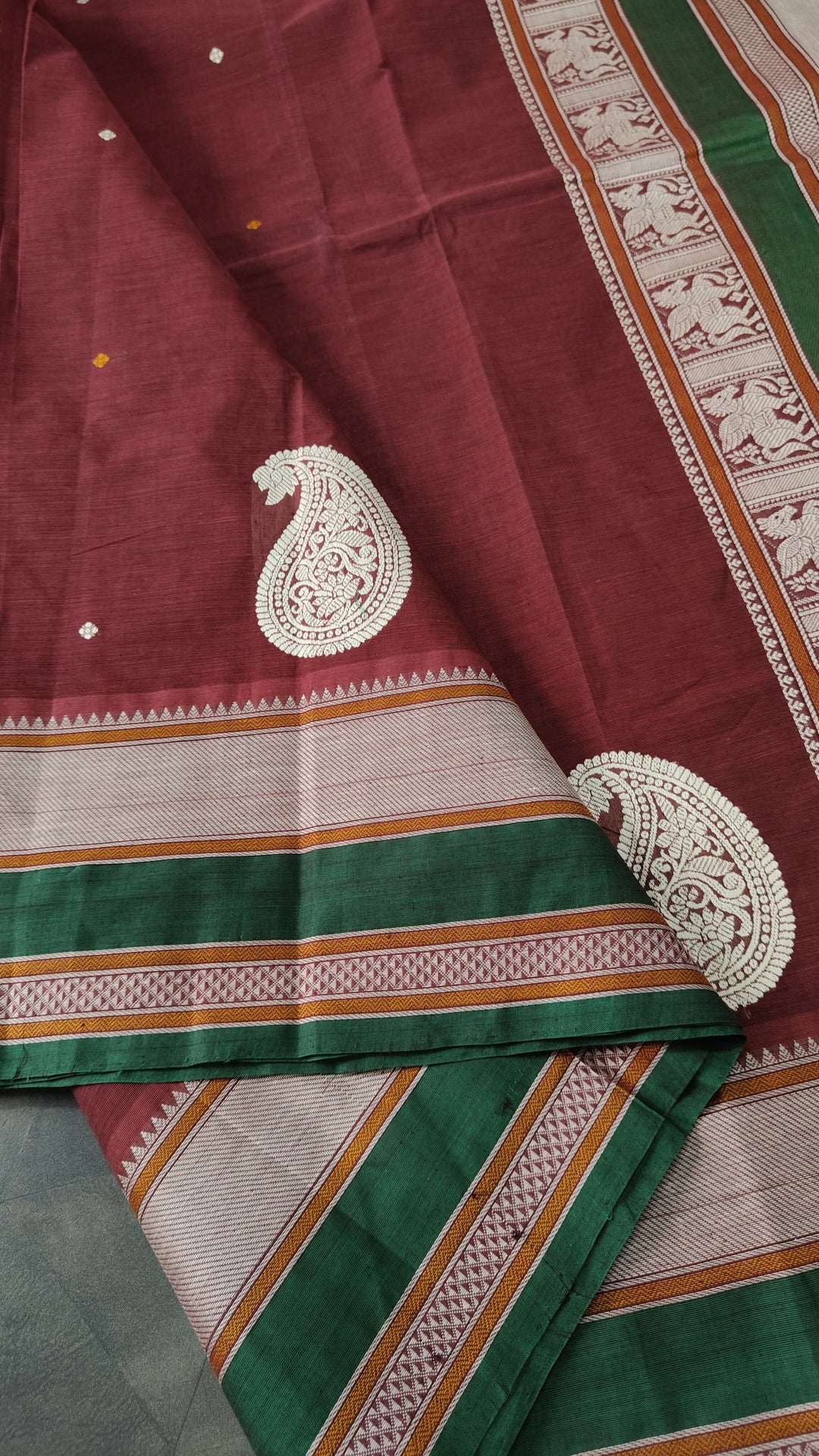 Maroon Handloom Kanchi Cotton Saree with Resham Chunri Buttis and Meenakrai Paisley Motifs