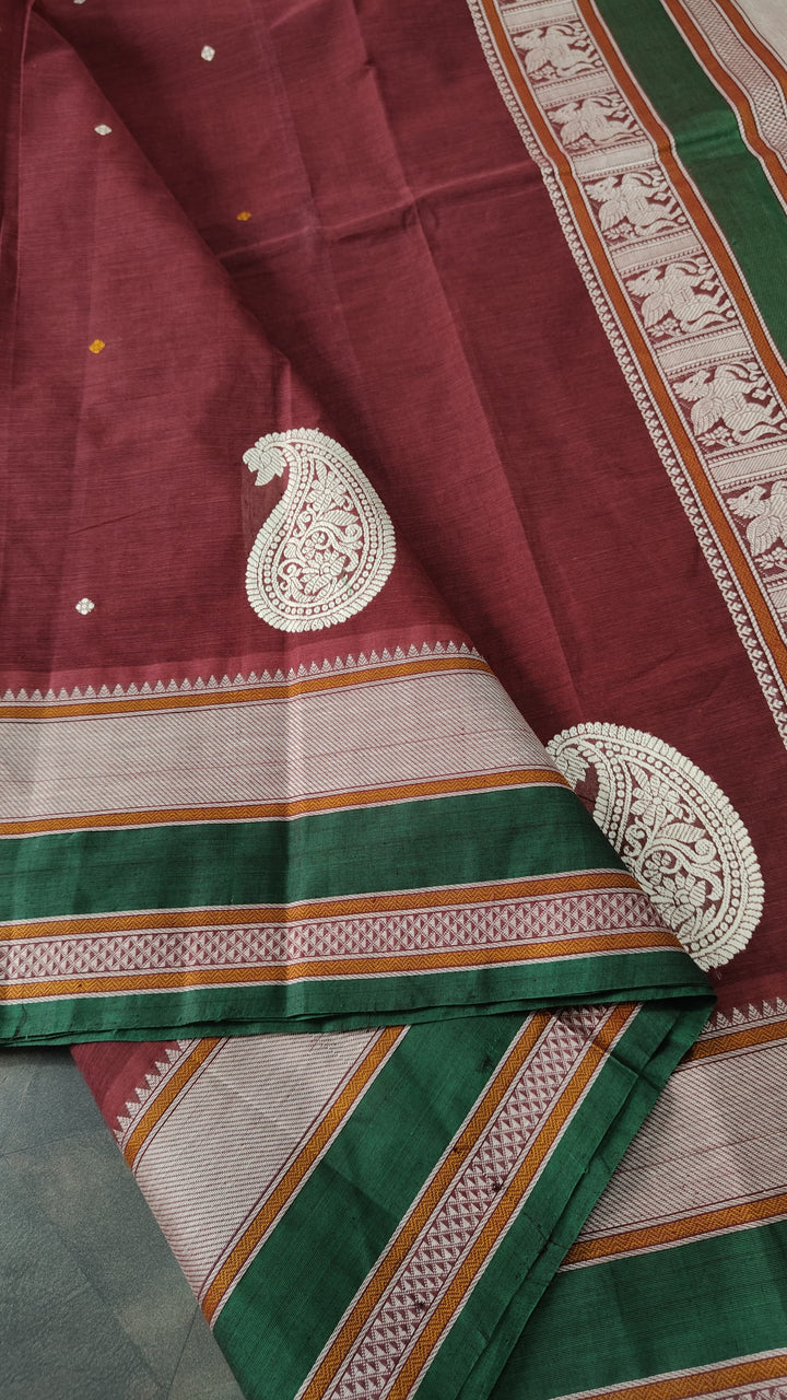 Maroon Handloom Kanchi Cotton Saree with Resham Chunri Buttis and Meenakrai Paisley Motifs