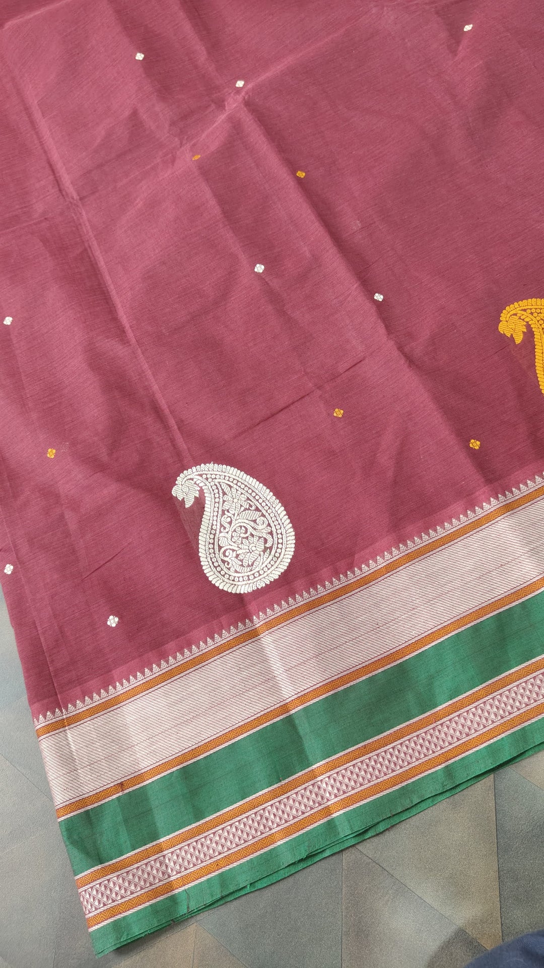 Maroon Handloom Kanchi Cotton Saree with Resham Chunri Buttis and Meenakrai Paisley Motifs