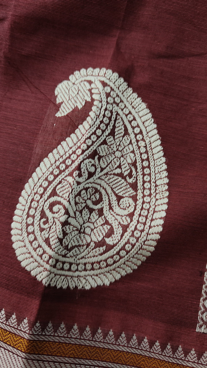 Maroon Handloom Kanchi Cotton Saree with Resham Chunri Buttis and Meenakrai Paisley Motifs