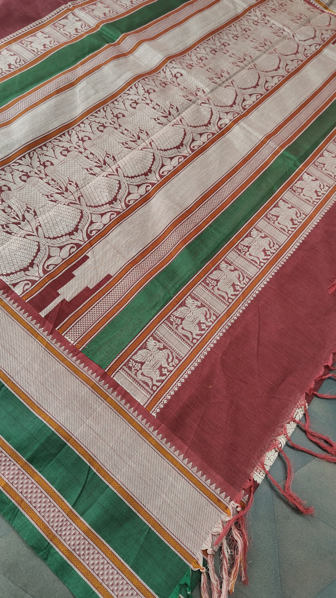 Maroon Handloom Kanchi Cotton Saree with Resham Chunri Buttis and Meenakrai Paisley Motifs