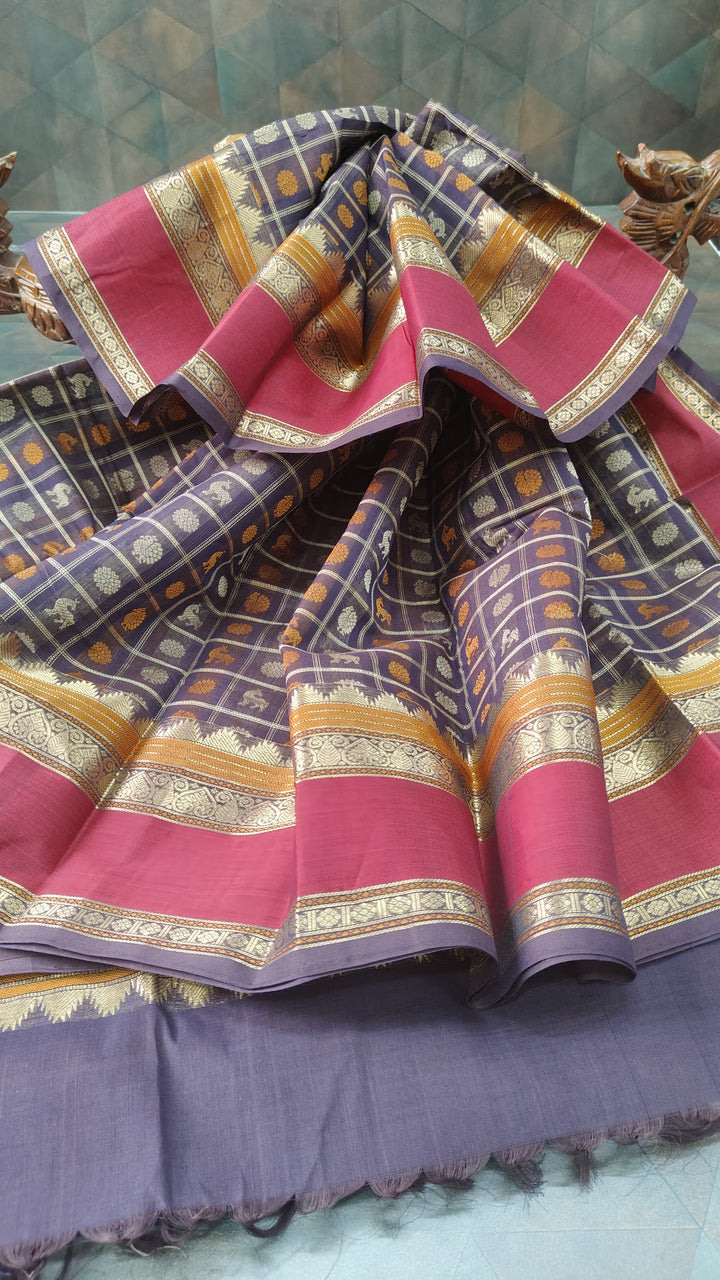 Deep Plum Handloom Kanchi cotton Saree with 1000 Buttas and Rettaipet Zari Border