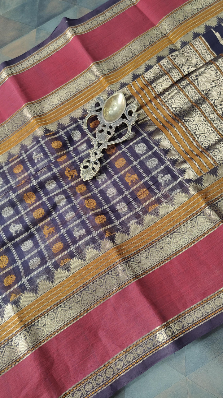 Deep Plum Handloom Kanchi cotton Saree with 1000 Buttas and Rettaipet Zari Border