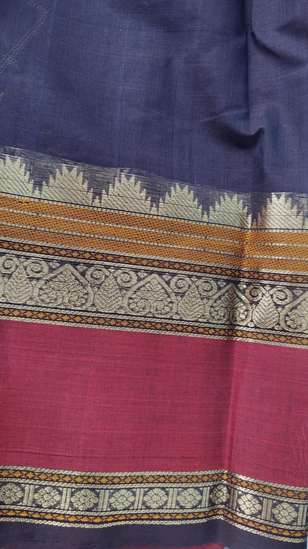 Deep Plum Handloom Kanchi cotton Saree with 1000 Buttas and Rettaipet Zari Border