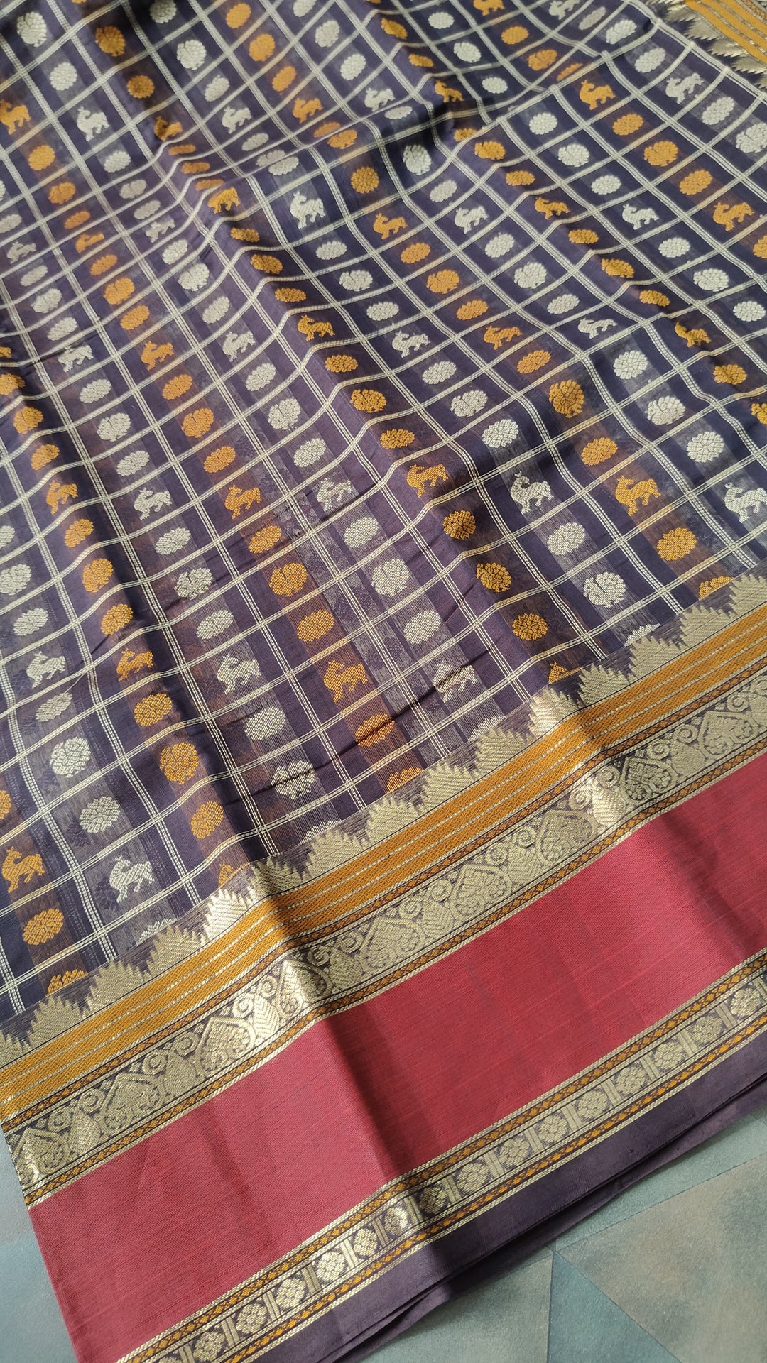 Deep Plum Handloom Kanchi cotton Saree with 1000 Buttas and Rettaipet Zari Border
