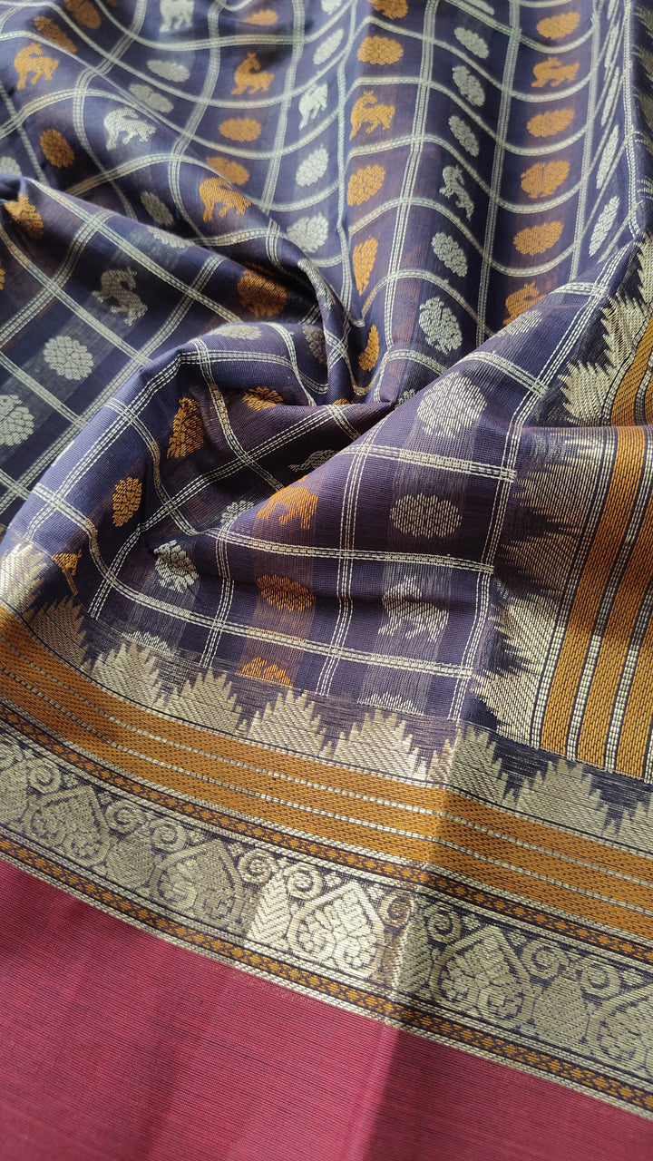 Deep Plum Handloom Kanchi cotton Saree with 1000 Buttas and Rettaipet Zari Border