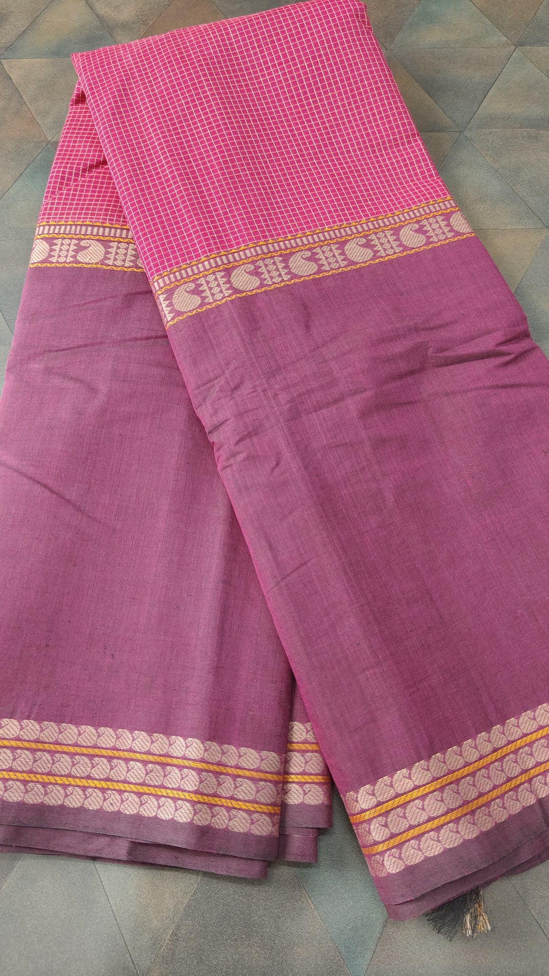 Pink Handloom Mubbagam Kanchi Cotton Saree with Podi-kattam