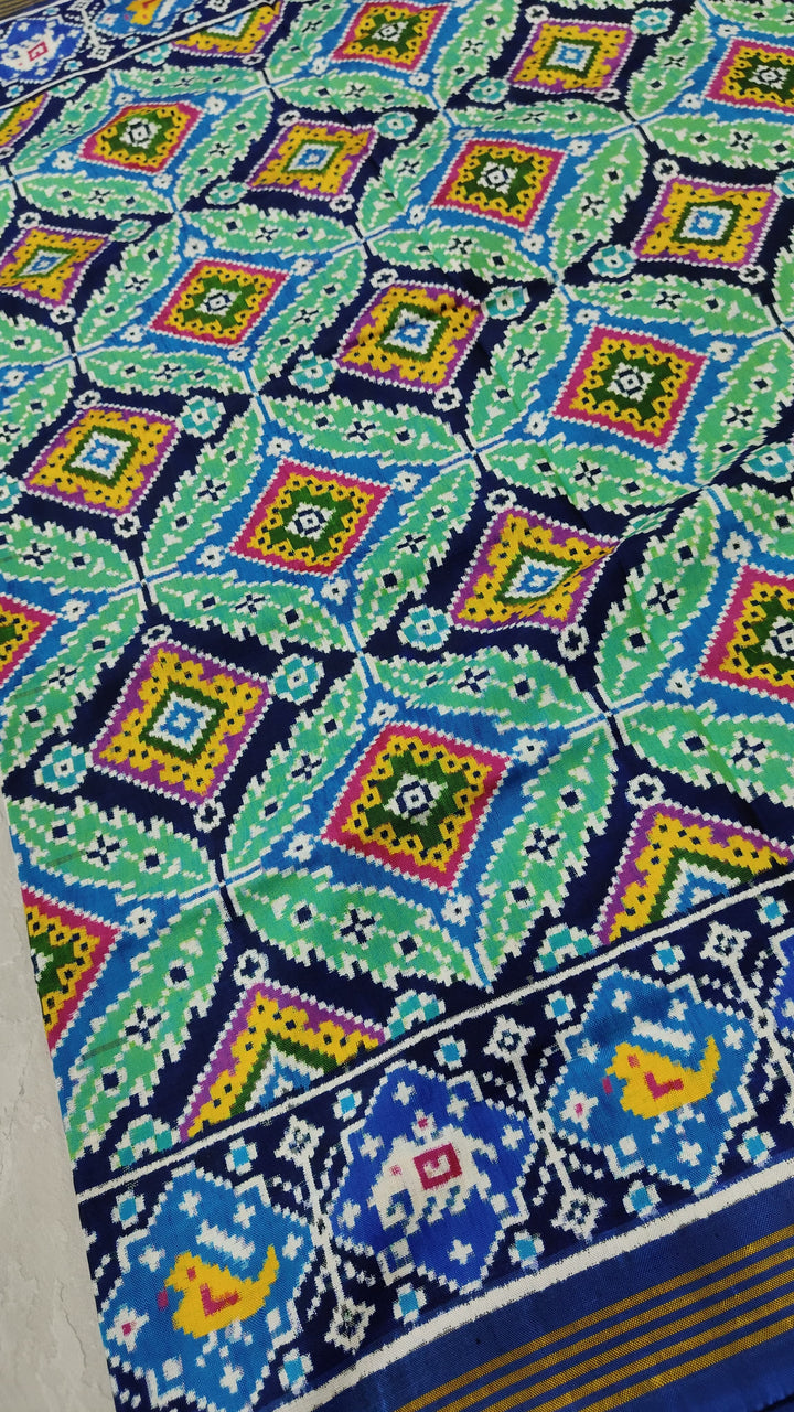 Authentic Double Ikkat Patan Patola Handwoven Saree with kaleidoscope design in Green | SILK MARK CERTIFIED