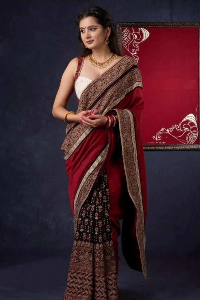 Red & Black Ajrakh Cotton with Rust-Toned Border Ready To Wear Saree