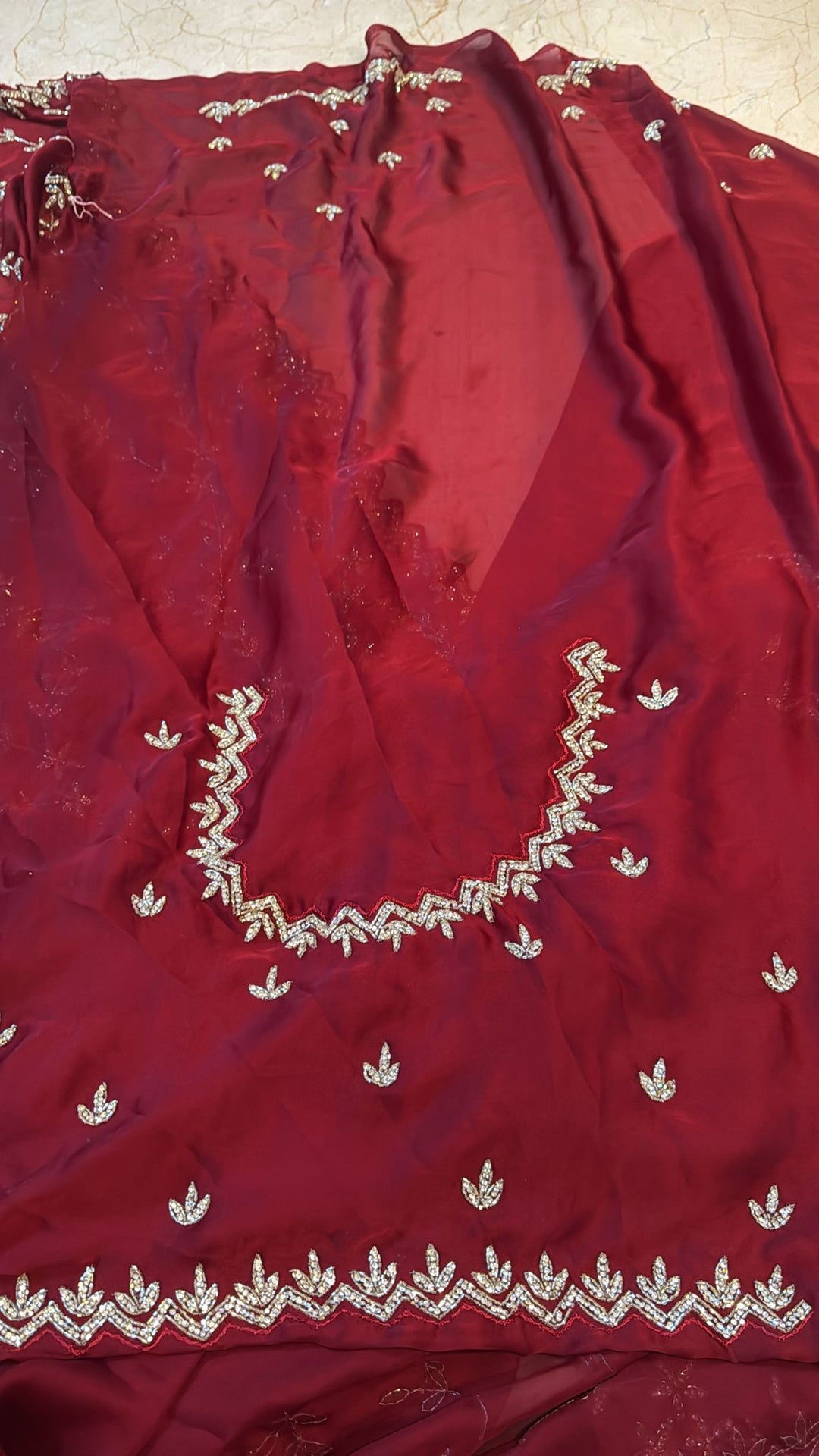 Desi Maroon Satin Georgette saree with Full Jaal Cutdana embellished