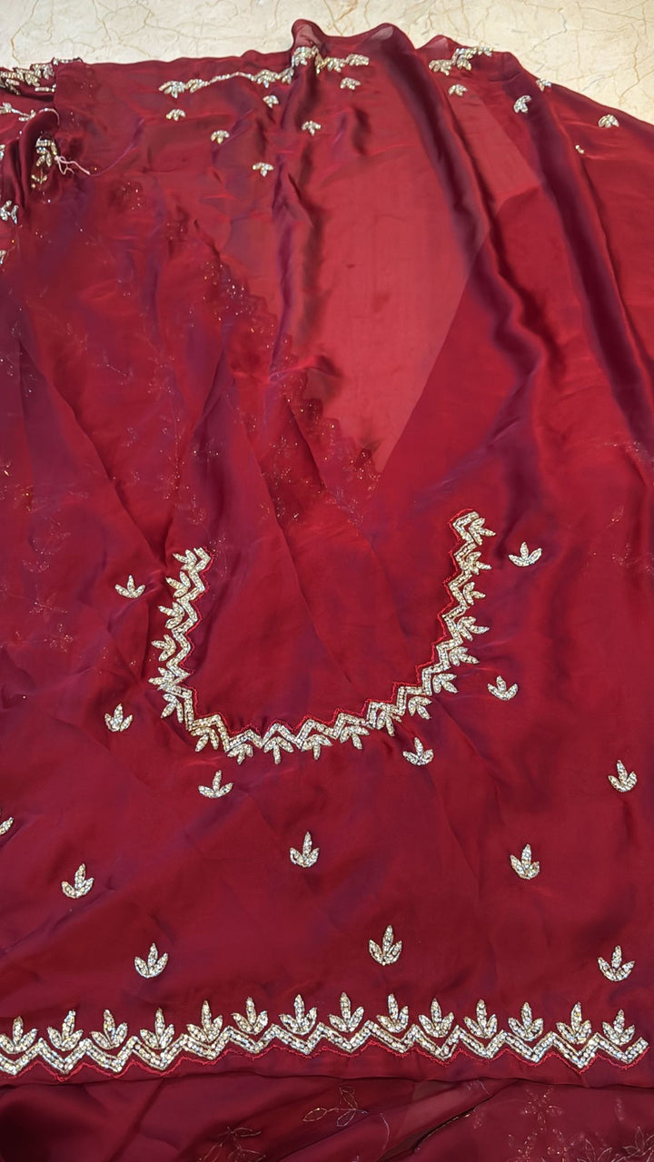 Desi Maroon Satin Georgette saree with Full Jaal Cutdana embellished