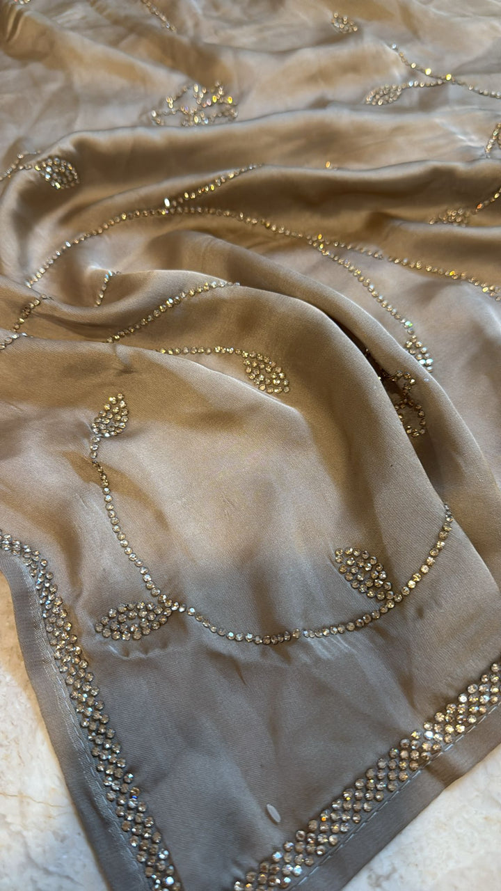 Stunning Taupe satin Georgette with tone on tone stones floral jaal