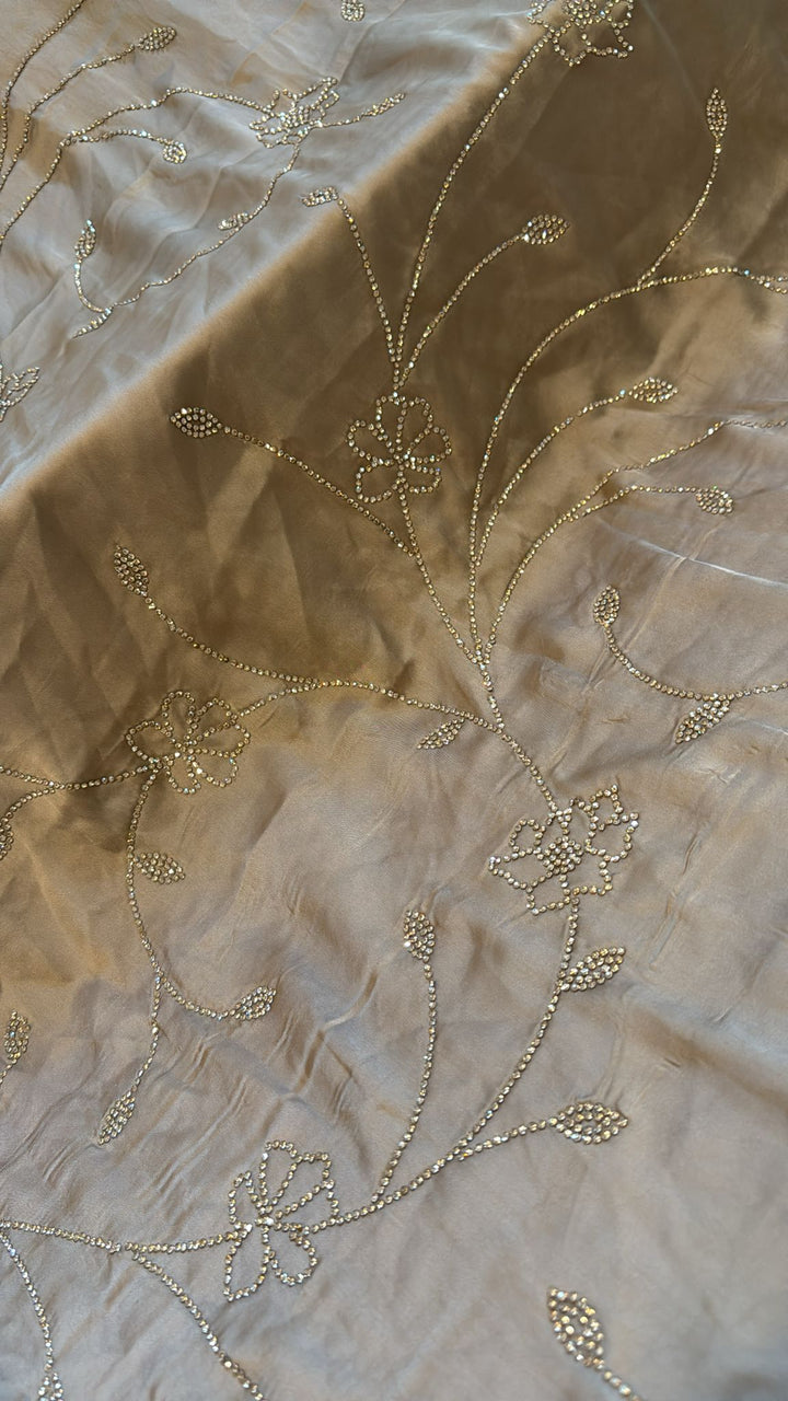 Stunning Taupe satin Georgette with tone on tone stones floral jaal