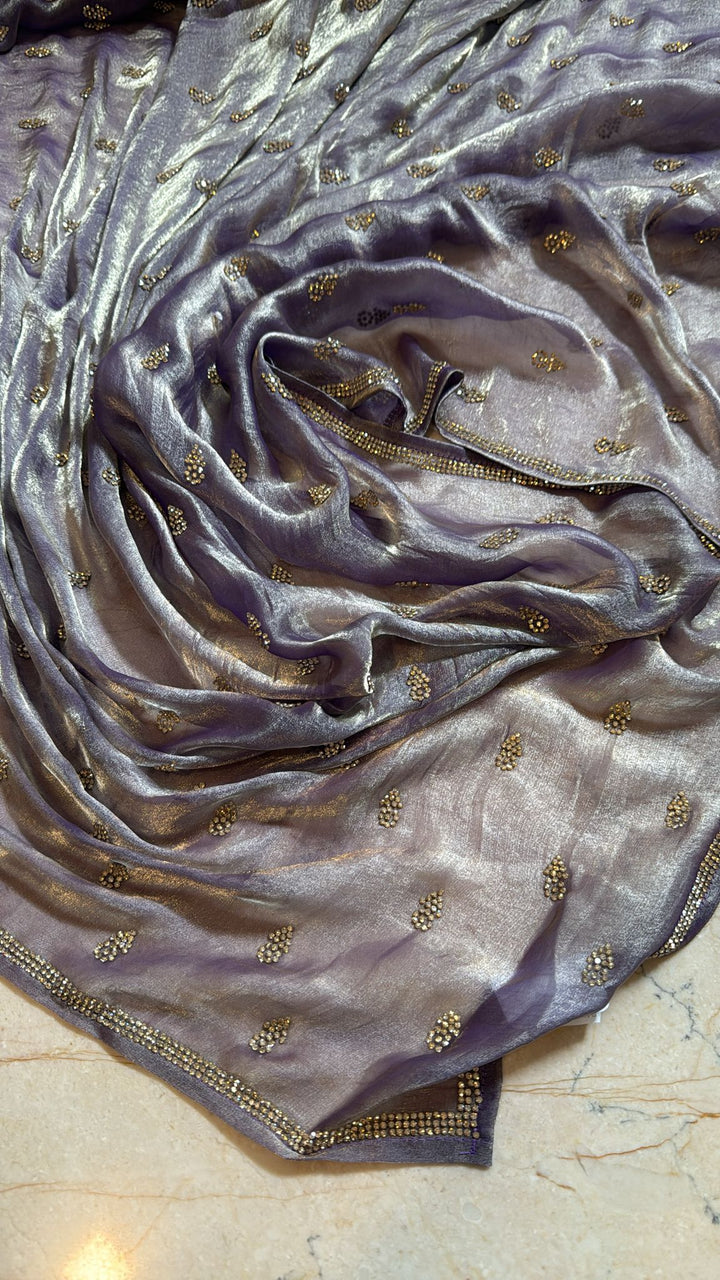 Dusty amethyst shimmer Georgette saree with stone buttas and minimal borders
