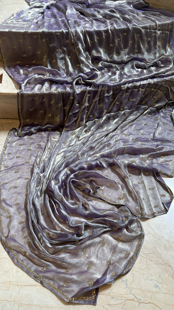 Dusty amethyst shimmer Georgette saree with stone buttas and minimal borders