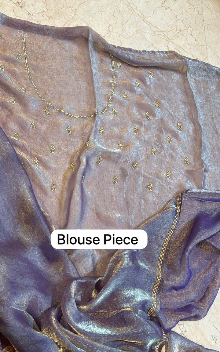 Dusty amethyst shimmer Georgette saree with stone buttas and minimal borders