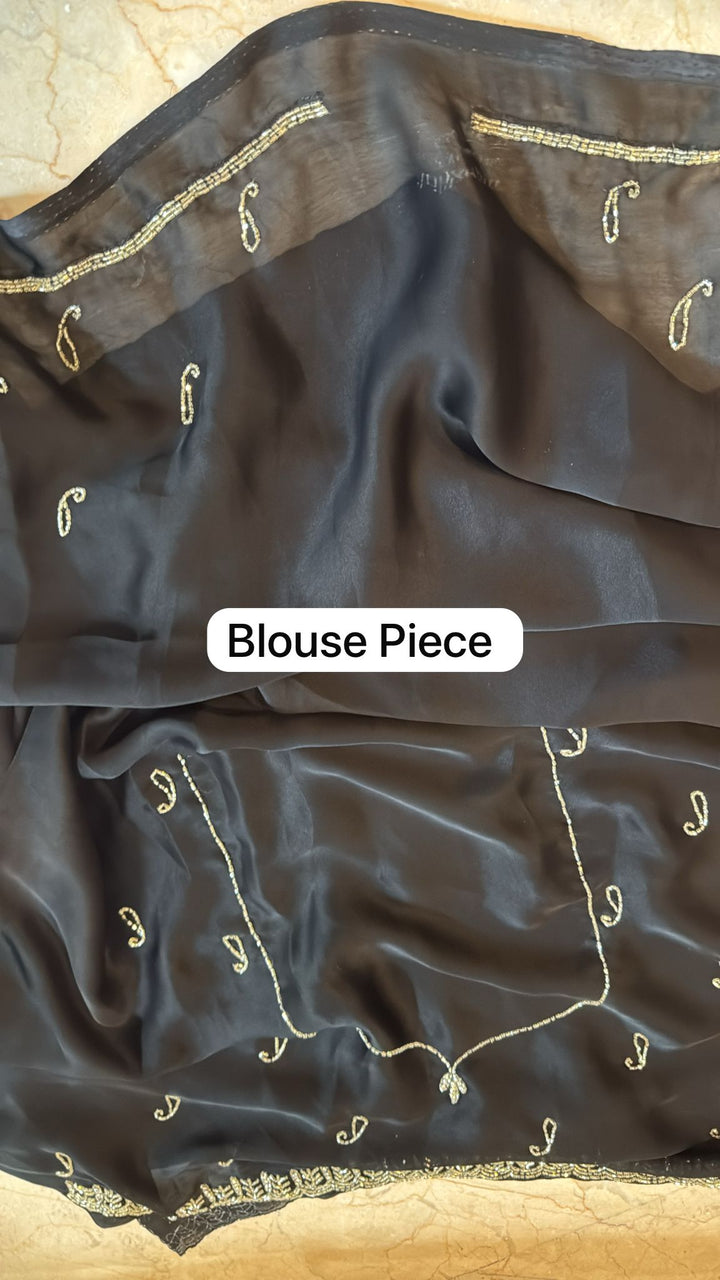 Black Satin Geoergette Saree with minimal cutdana borders