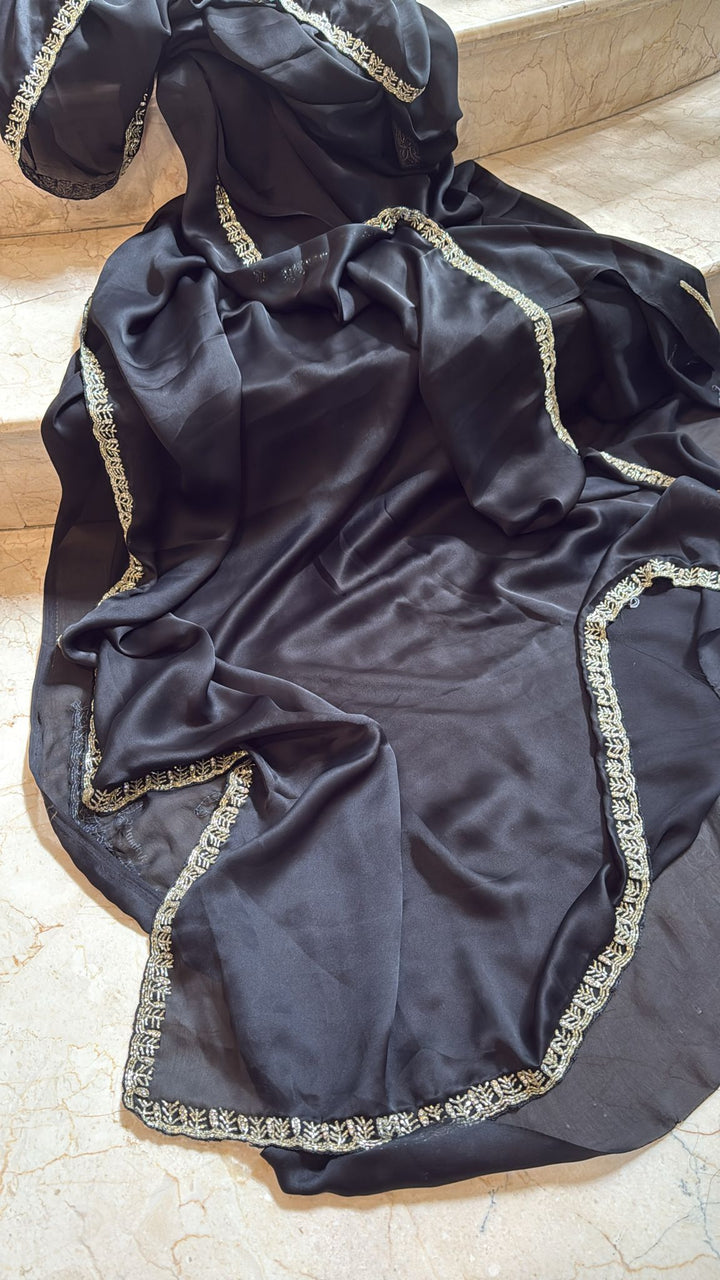 Black Satin Geoergette Saree with minimal cutdana borders