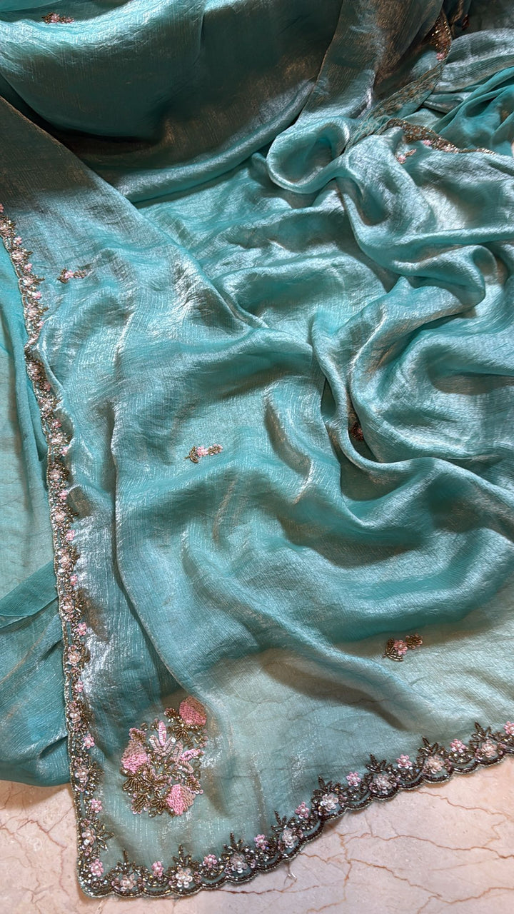 Mint Green shimmer Georgette saree with Pastel sequin and bead work