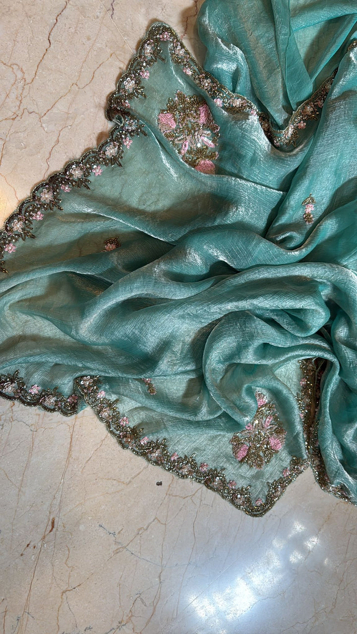Mint Green shimmer Georgette saree with Pastel sequin and bead work
