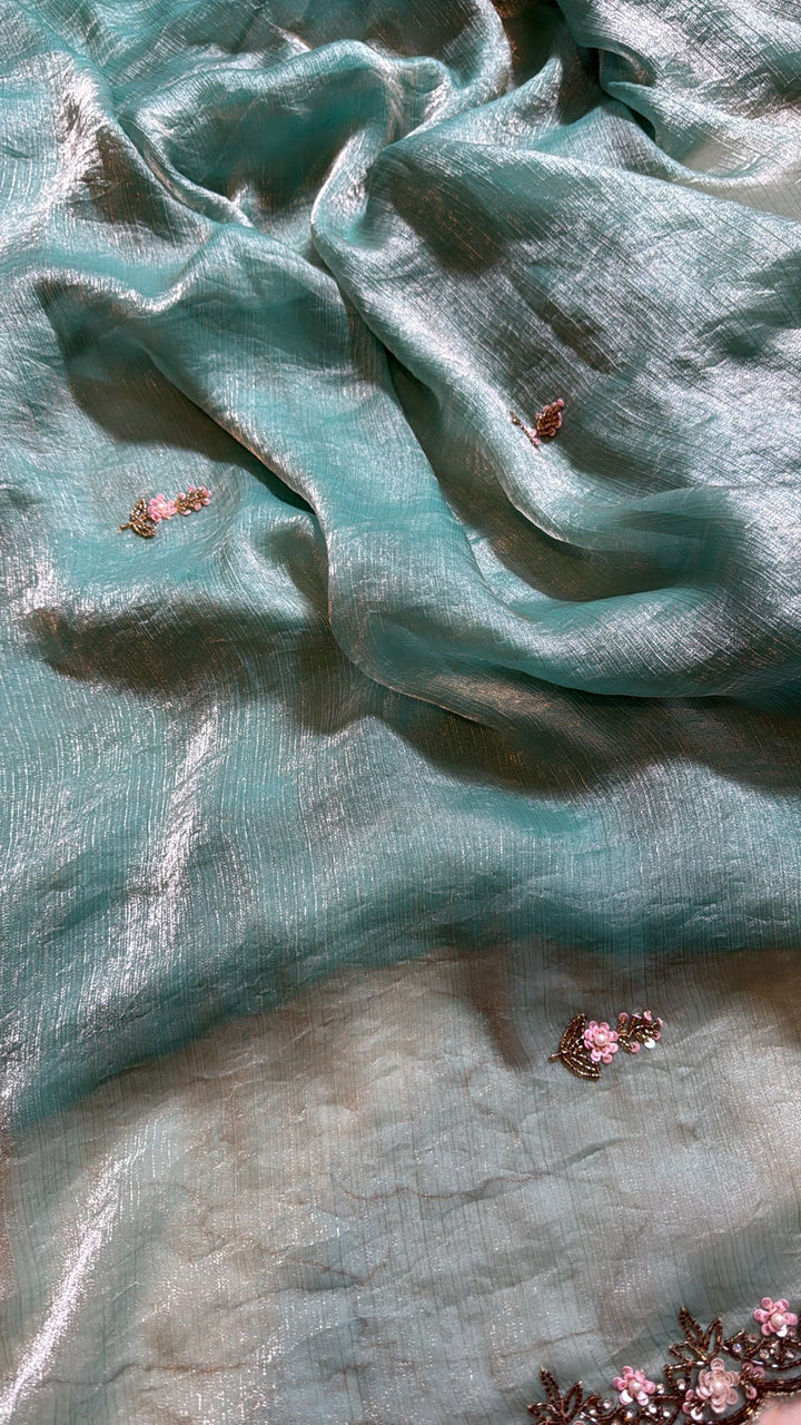 Mint Green shimmer Georgette saree with Pastel sequin and bead work