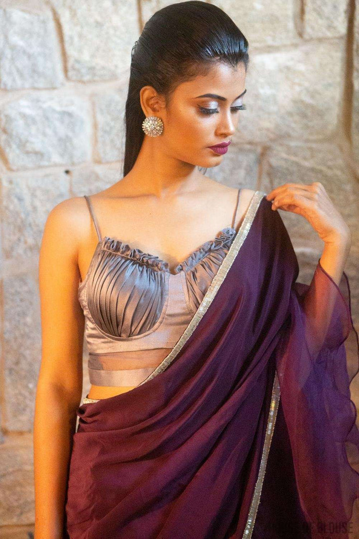 size 34 Silver-grey pure silk satin spaghetti-strap gathered bustier blouse | Shobitam Blouse