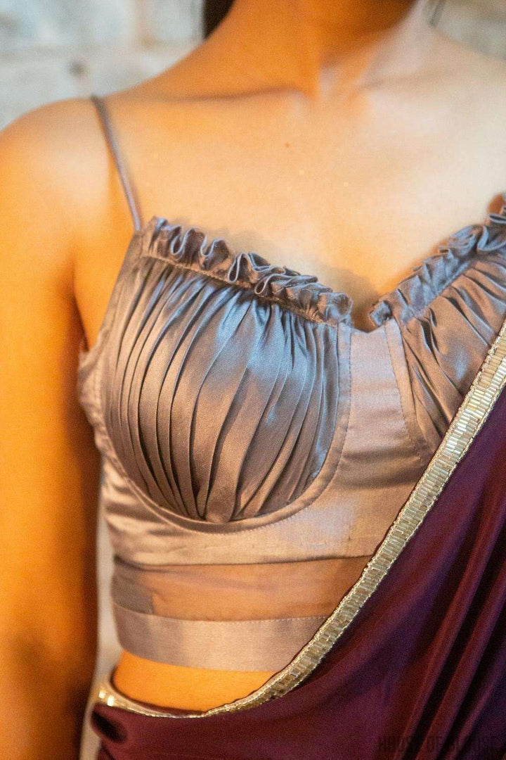 size 34 Silver-grey pure silk satin spaghetti-strap gathered bustier blouse | Shobitam Blouse