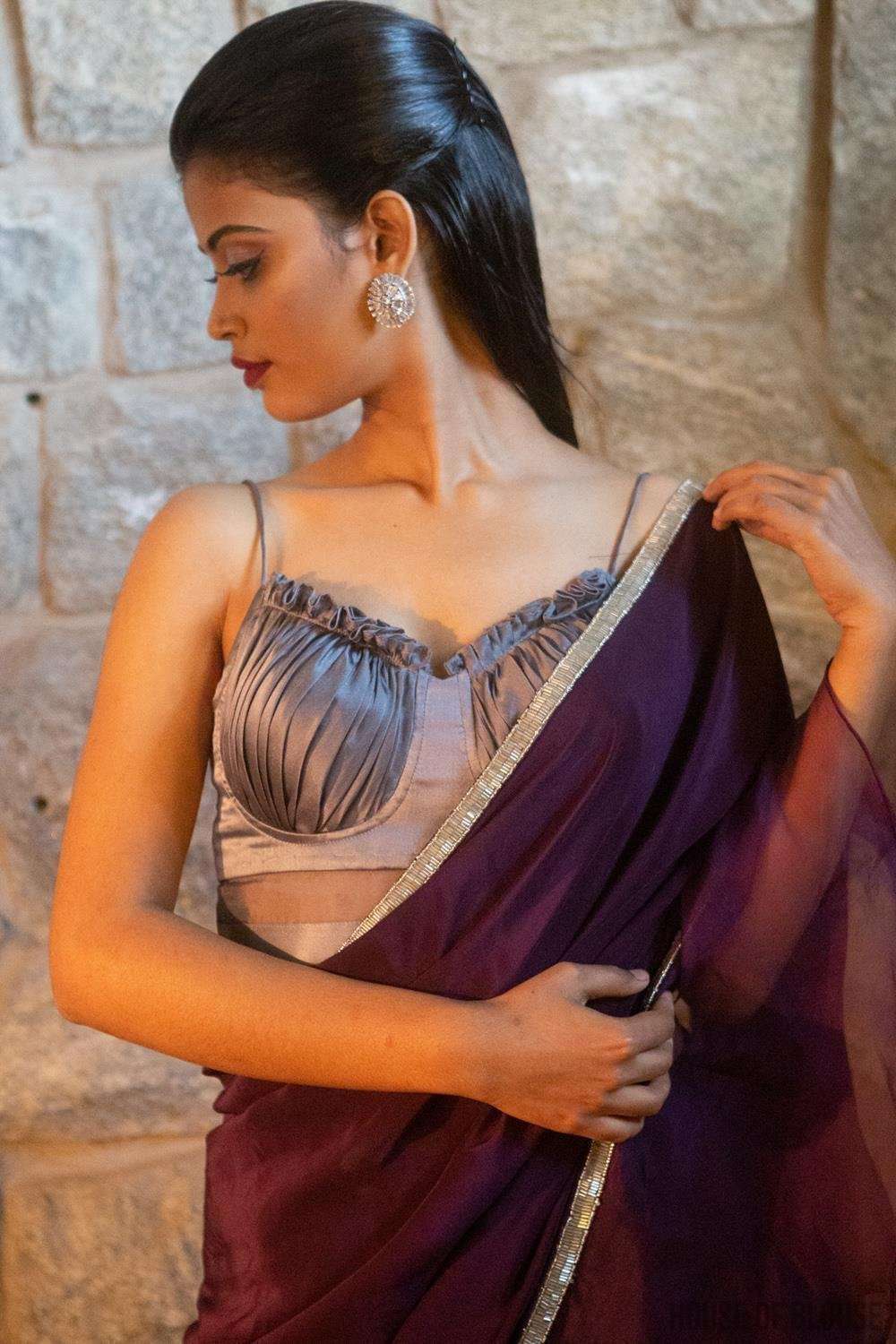 size 34 Silver-grey pure silk satin spaghetti-strap gathered bustier blouse | Shobitam Blouse